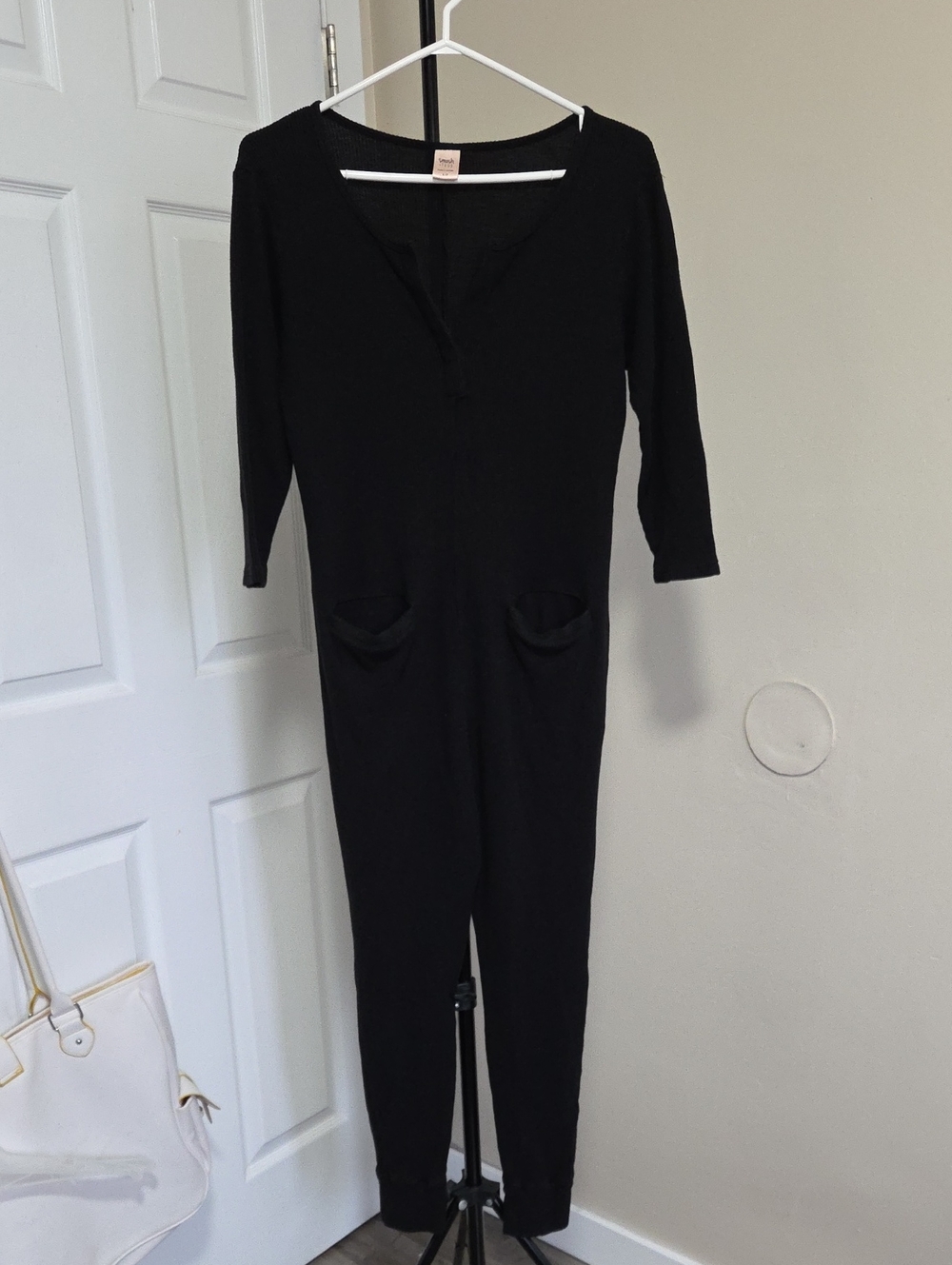 Smash + Tess Cotton Blend Black V-Neck Knit Jumpsuit with Front Pockets